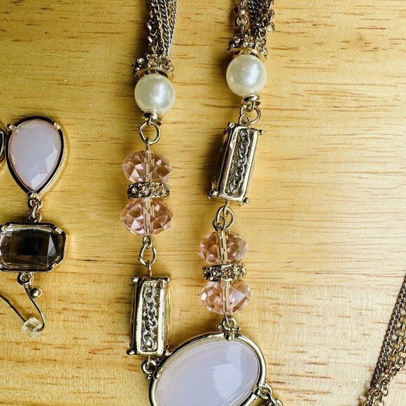 Vintage CHICO'S Necklace Earrings‎ Two Tone Pale Pink Crystal Long Tassel 23" - Picture 6 of 11